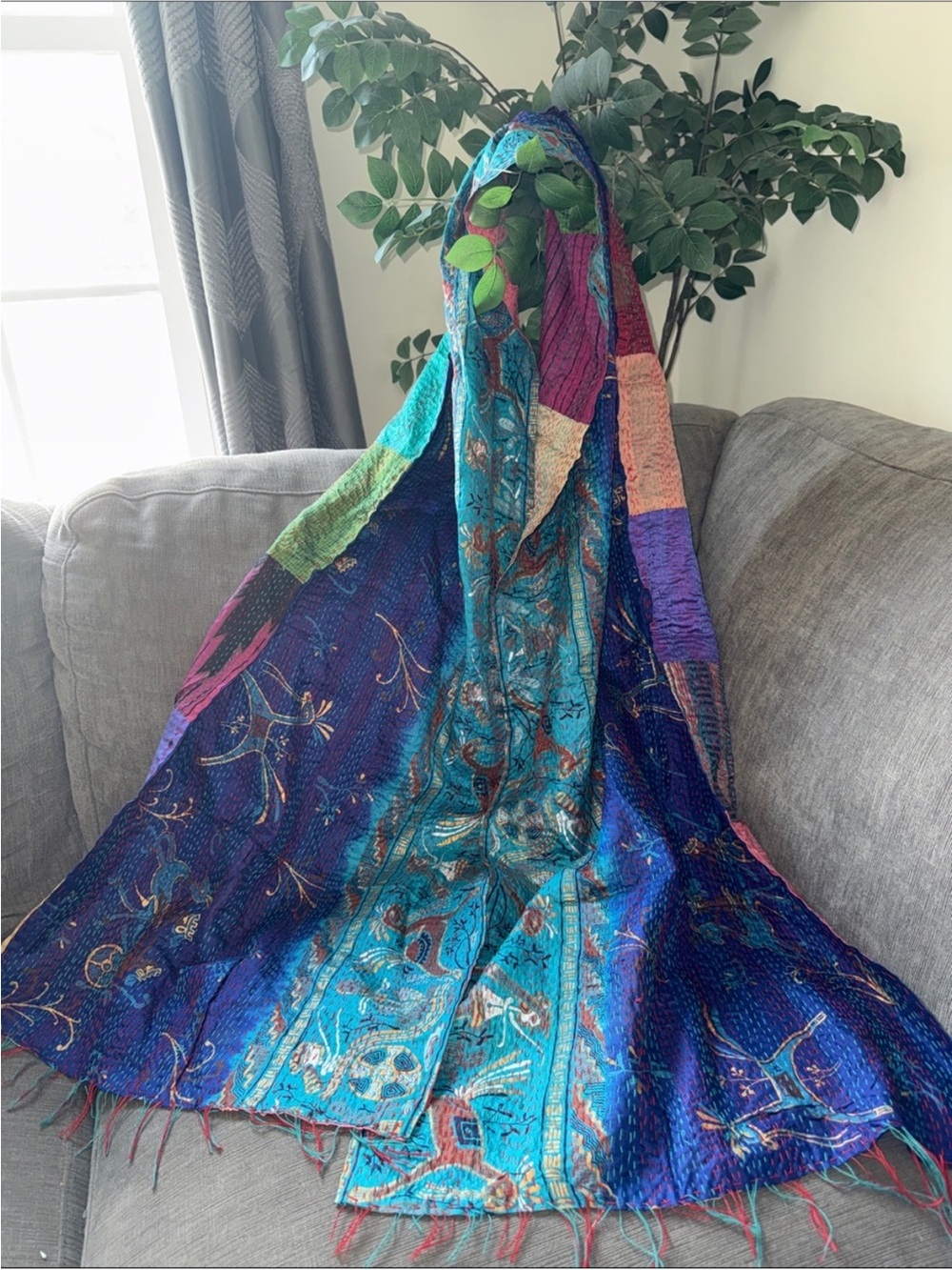 Colorful silk Patchwork Kantha scarf NWOT - Picture 2 of 5